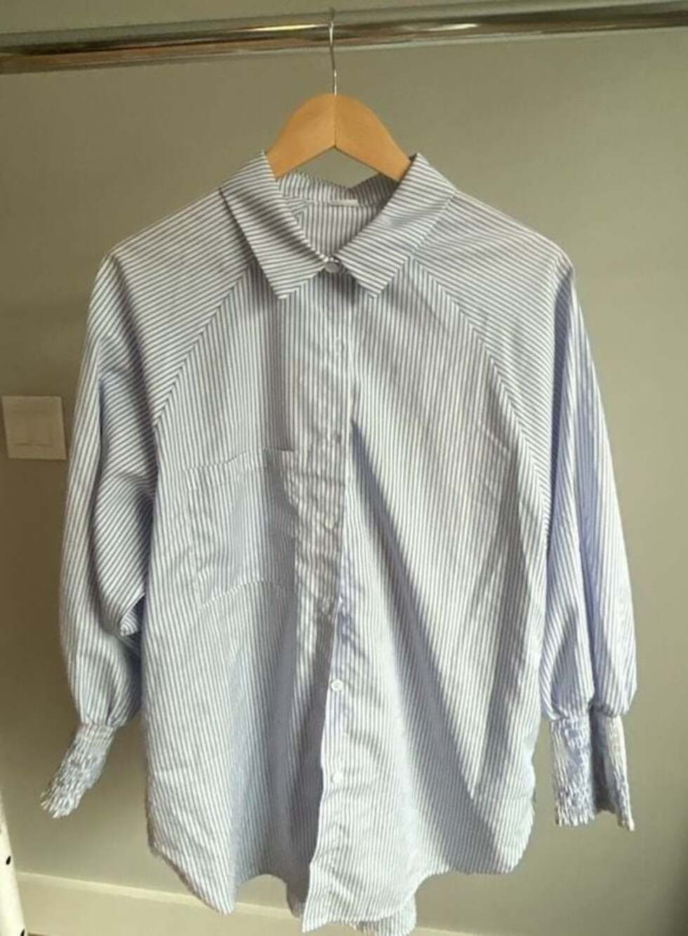 Asvivid Blue and White Striped Button-Down Shirt with Smocked Cuffs